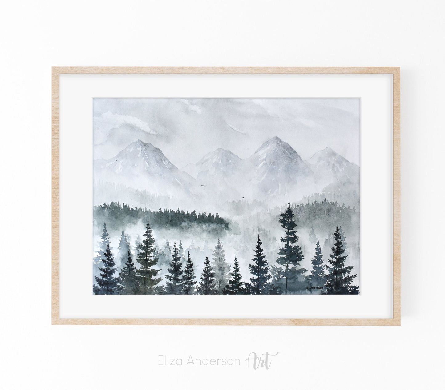 ORIGINAL watercolor painting of foggy forest and mountains, Forest painting 11 x 15 inches, Black and white painting, Eliza Anderson Art - Eliza Anderson ArtEliza Anderson Art