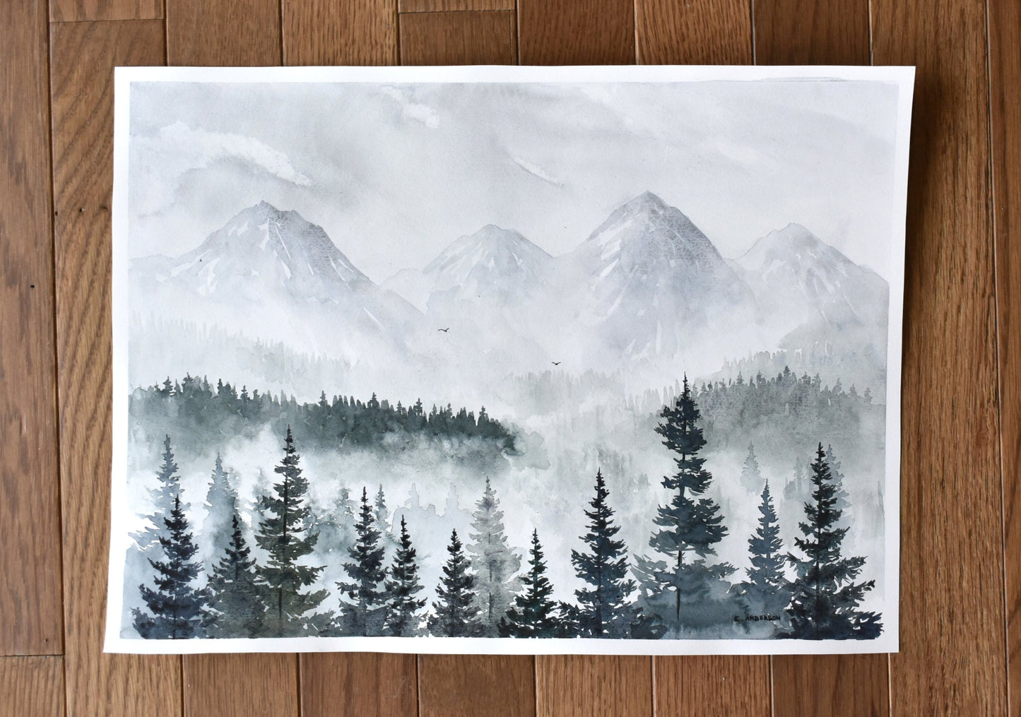 ORIGINAL watercolor painting of foggy forest and mountains, Forest painting 11 x 15 inches, Black and white painting, Eliza Anderson Art - Eliza Anderson ArtEliza Anderson Art